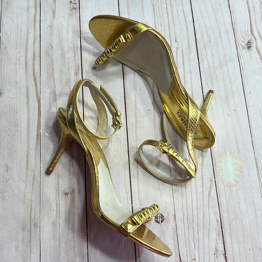 Michael Kors Gold 3” Stiletto Heels Reptile Print Bows and Spikes